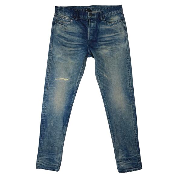 John Elliott Men's Blue Distressed Mid Rise Slim Straight Denim Jeans Size 32